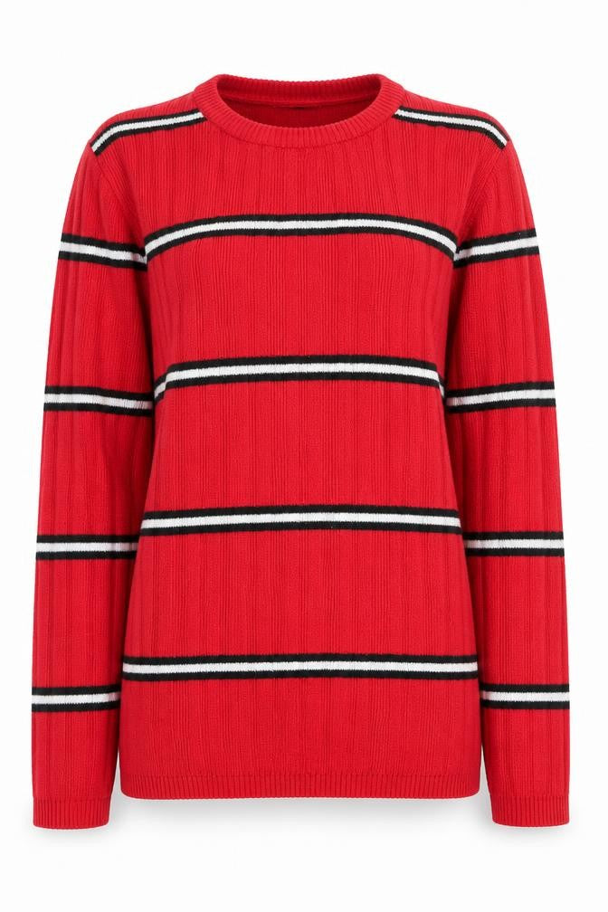 Front view of Primark women’s red crew neck striped polyester jumper, size UK 12