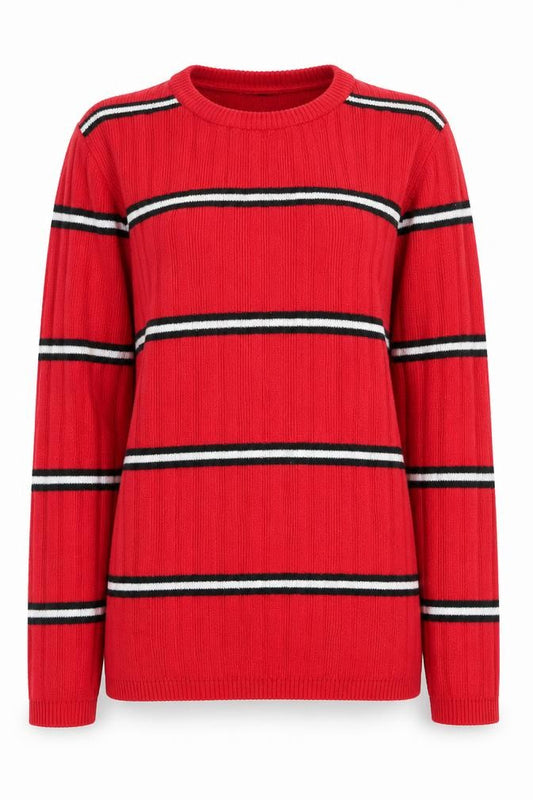Front view of Primark women’s red crew neck striped polyester jumper, size UK 12