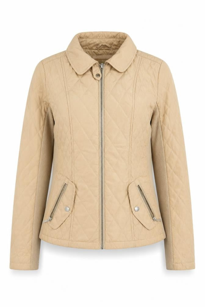 Front view of Per Una women’s beige quilted coat, size UK 12, zip