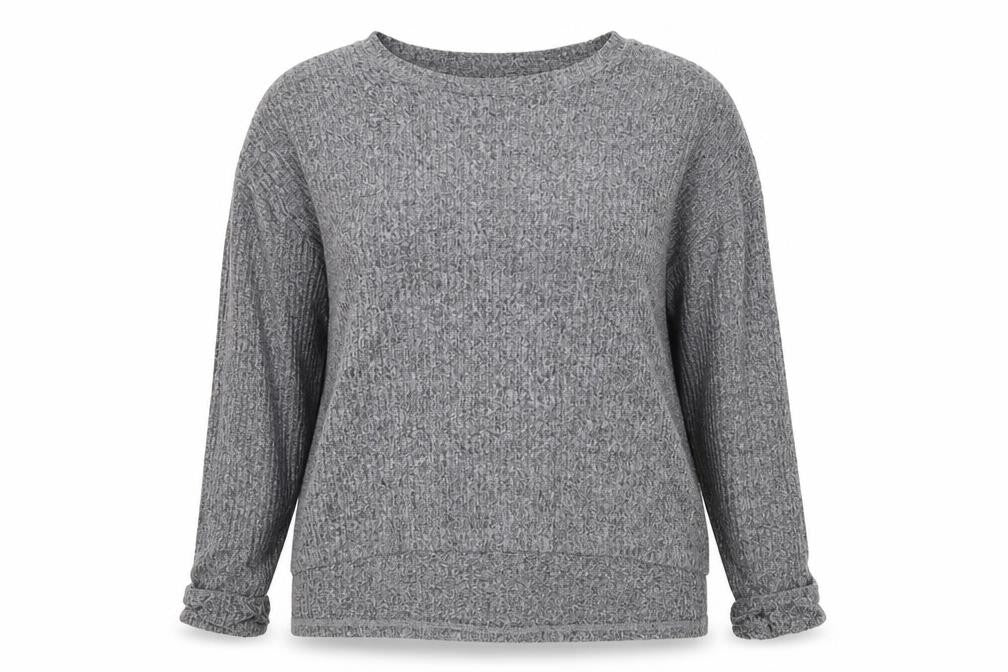Front view of Primark women’s grey round neck polyester jumper, size UK 12