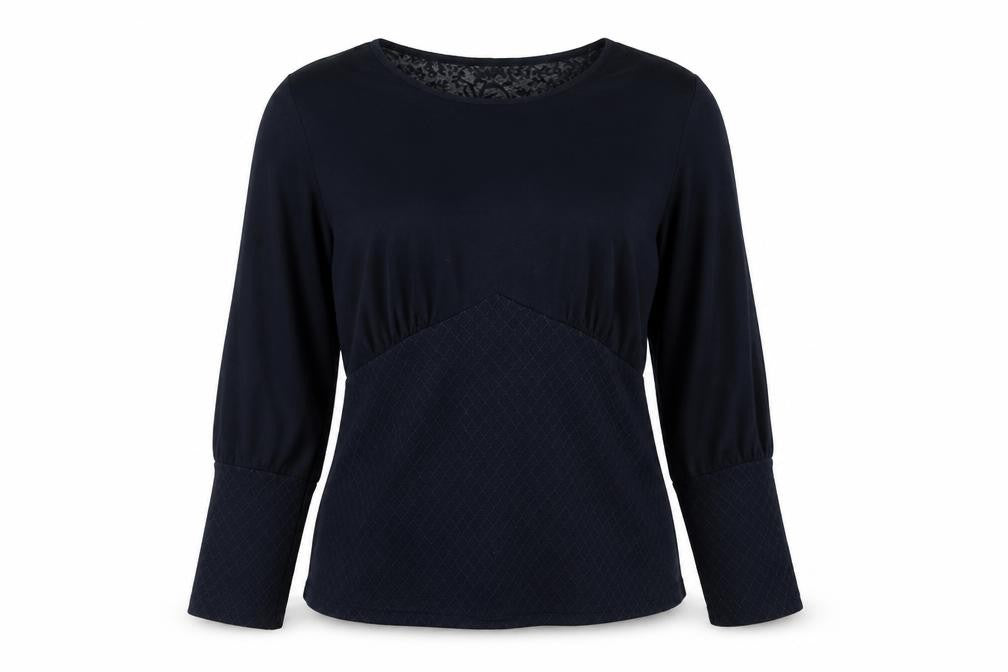 Front view of Savior women’s blue polyester basic blouse, size S, round neck
