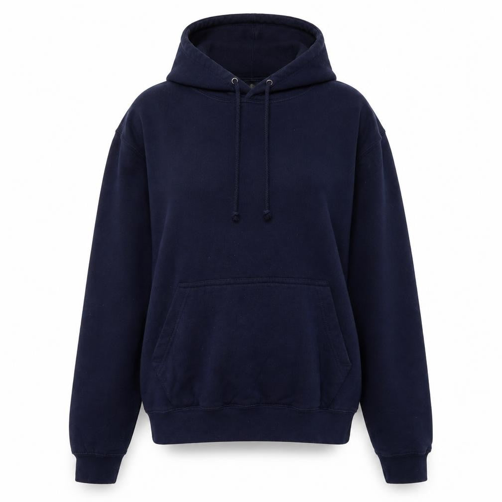 Front view of Awdis women’s blue cotton pullover hoodie, size S, tie