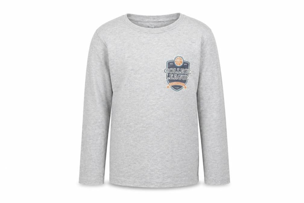 Front view of NAME IT boys’ grey cotton basic t-shirt, size 6, years crew neck pullover