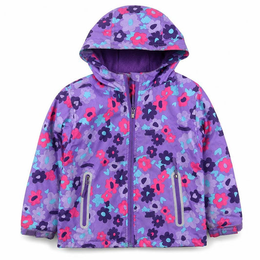 Front view of Hotoho Kids girls’ purple floral basic coat coat, size S, zip