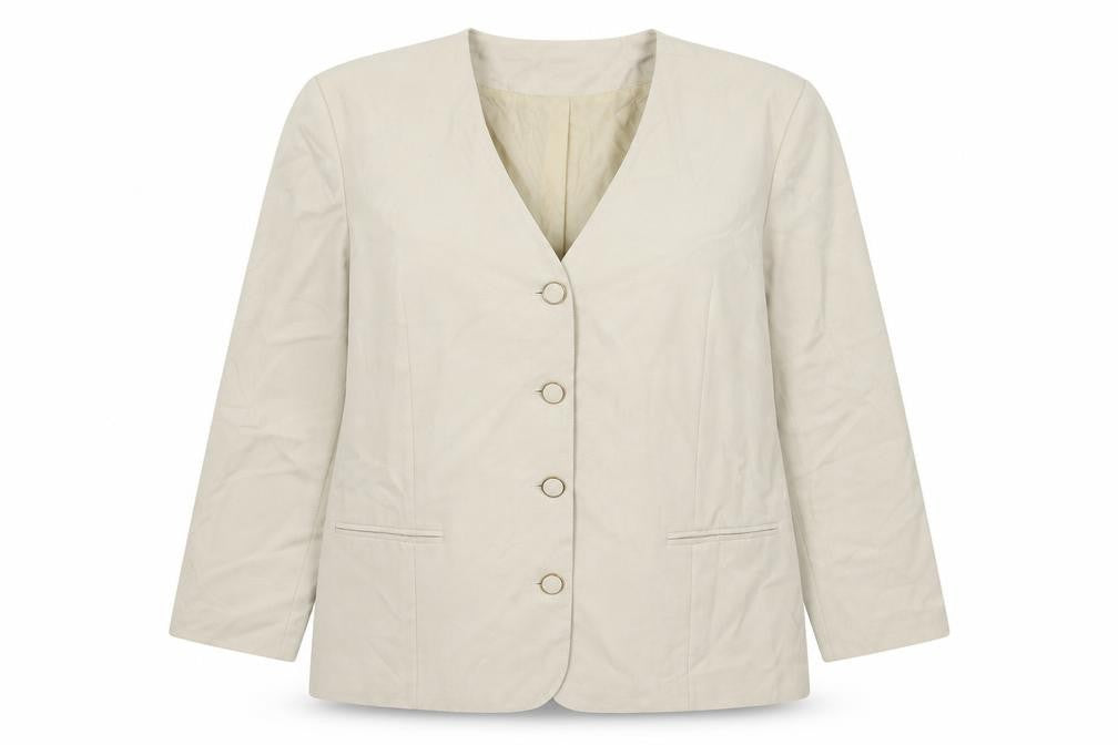 Front view of Clover Collection women’s beige jacket, size UK 20, button