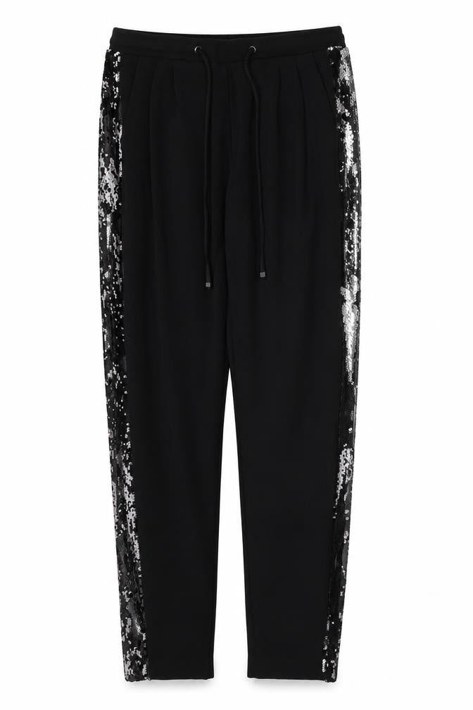Front view of Cotton Brothers women’s black polyester trousers, size S, 28-inch leg regular drawstring