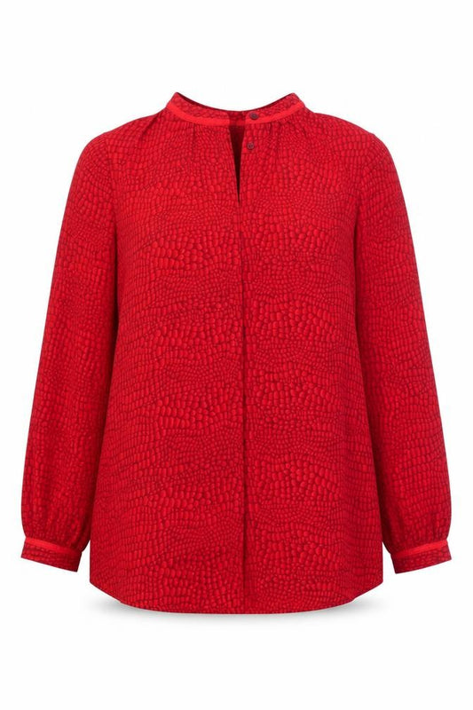 Front view of Paul Costelloe women’s red geometric polyester basic blouse, size UK 12, collared