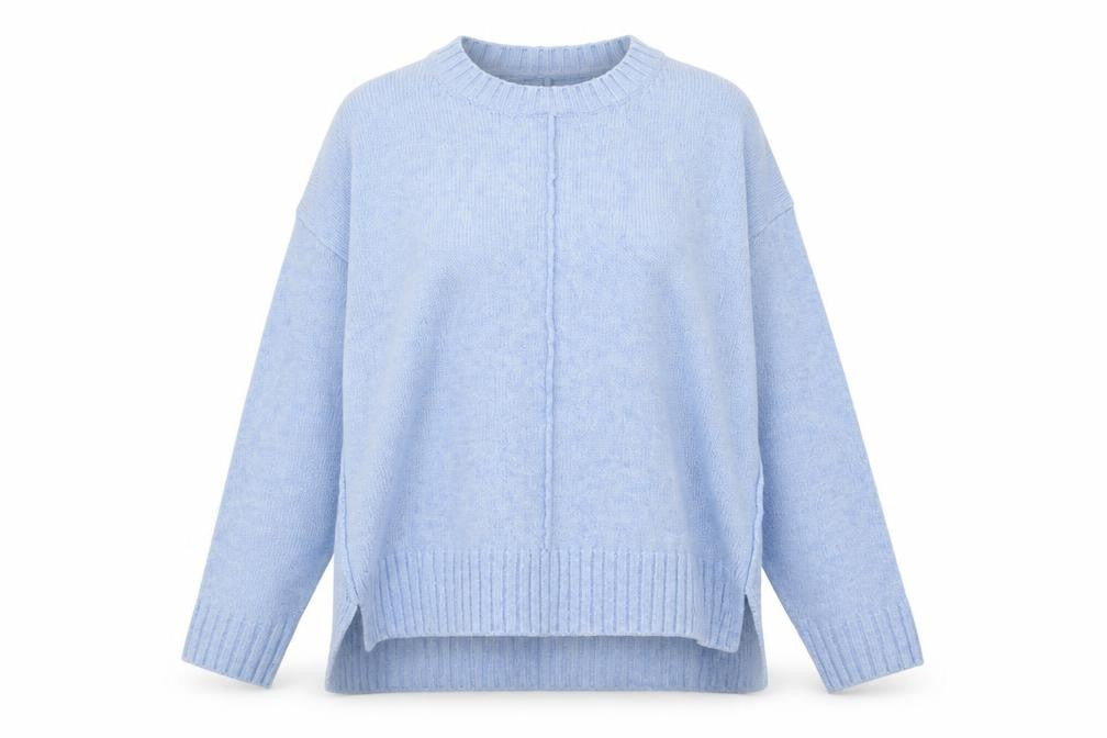 Front view of Marks & Spencer women’s blue crew neck acrylic jumper, size M