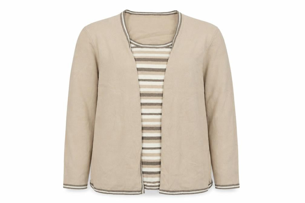Front view of Preworn women’s beige crew neck striped linen jumper, size UK 16