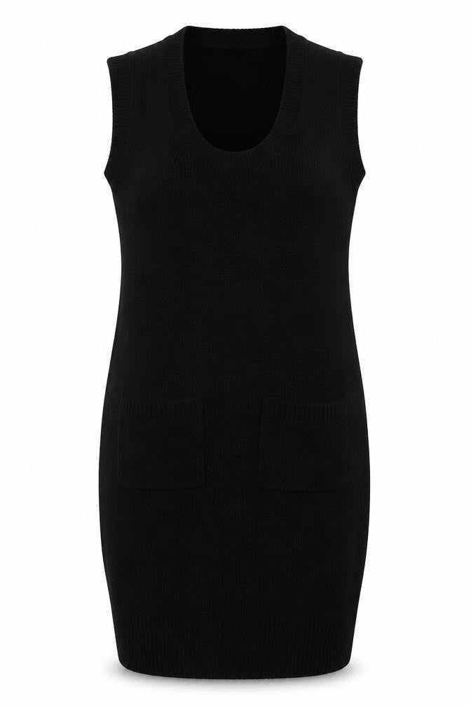 Front view of Pilot women’s black acrylic jumper dress, size UK 10, crew neck pullover