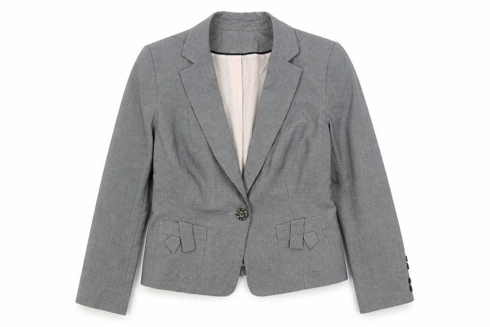 Front view of Marks & Spencer women’s black plaid jacket blazer, size UK 14, button