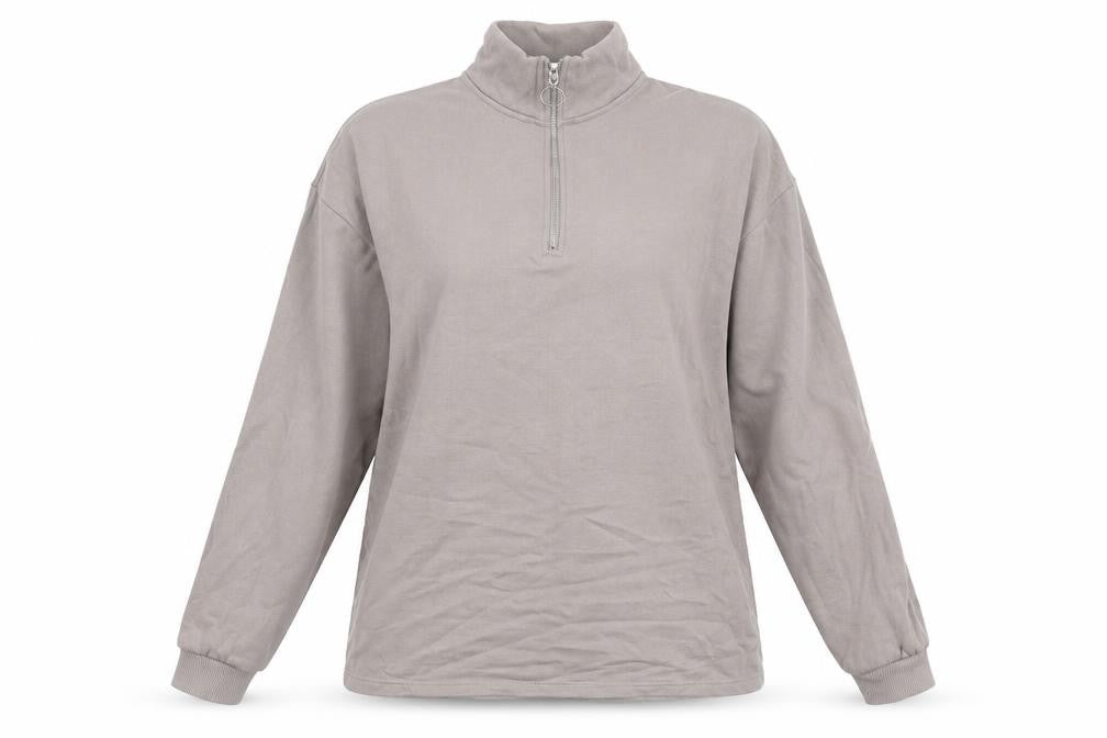 Front view of Papaya women’s grey cotton pullover sweatshirt, size M, zip