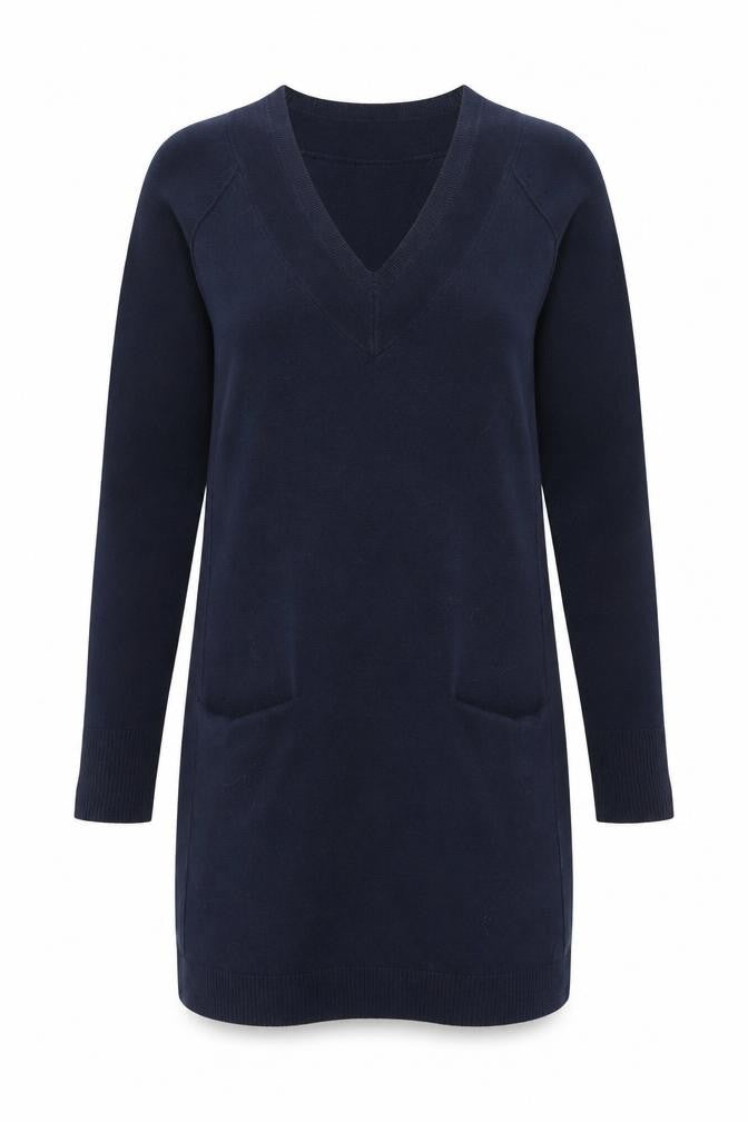 Front view of Tu women’s blue acrylic jacket dress, size UK 10, v-neck pullover