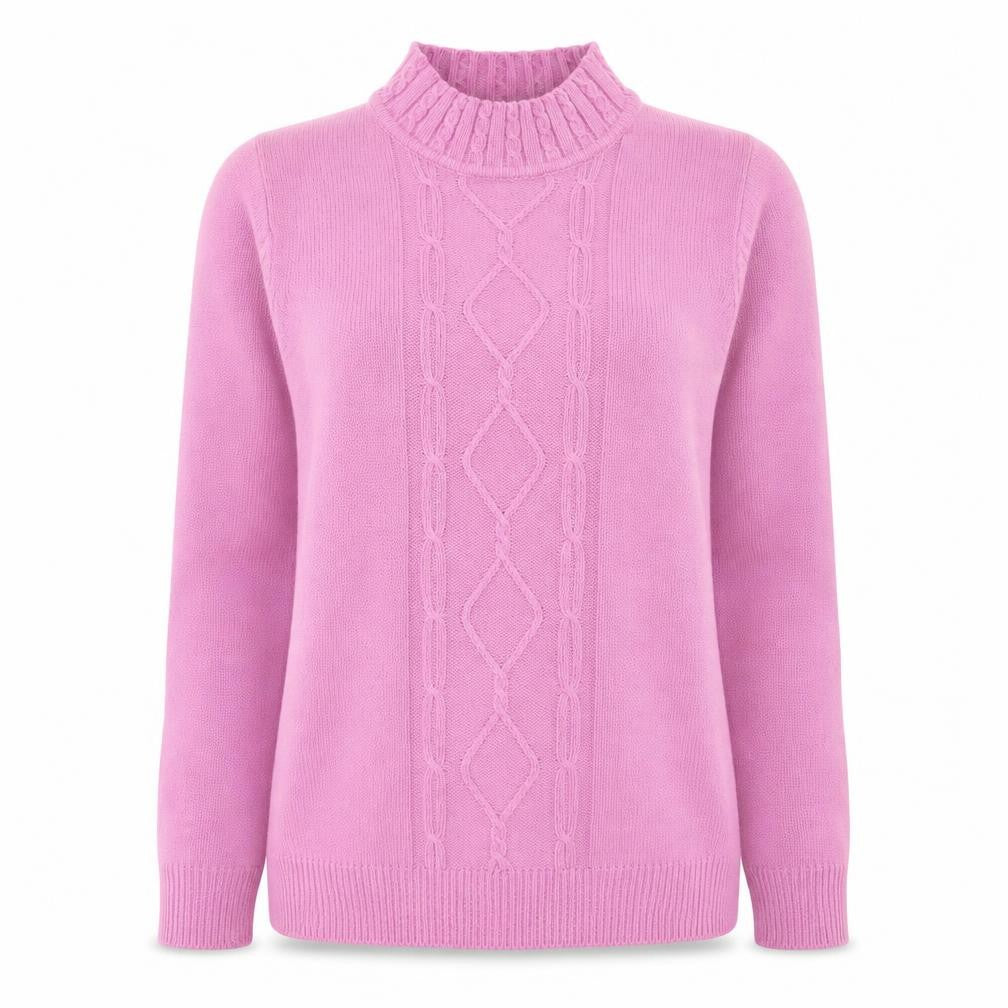Front view of EWM women’s pink round neck acrylic jumper, size UK 10