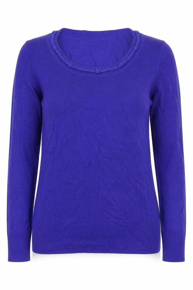 Front view of Preworn women’s blue round neck viscose jumper, size UK 12