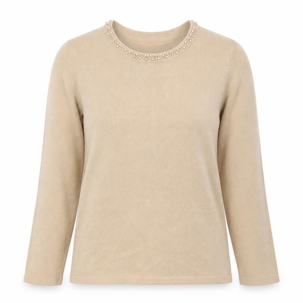 Front view of //Text women’s beige round neck acrylic jumper, size M