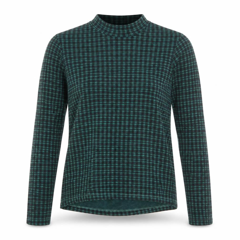 Front view of Primark women’s green high neck plaid polyester jumper, size UK 4