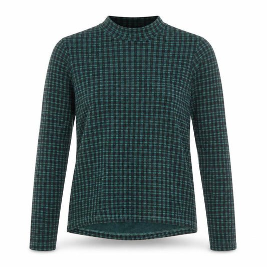Front view of Primark women’s green high neck plaid polyester jumper, size UK 4