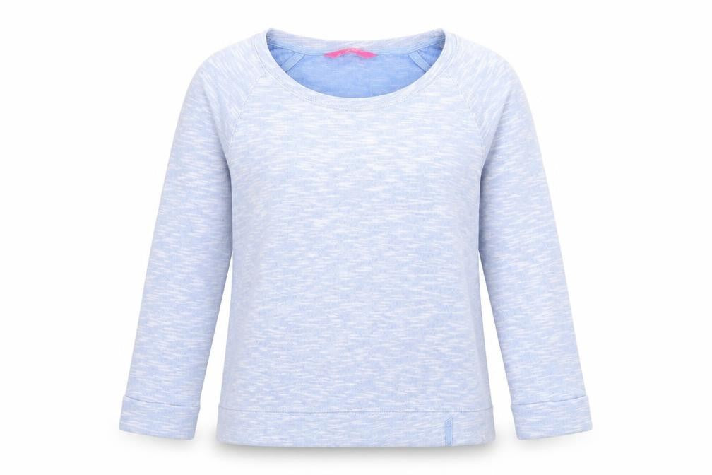 Front view of Marks & Spencer women’s blue round neck polyester jumper, size UK 8
