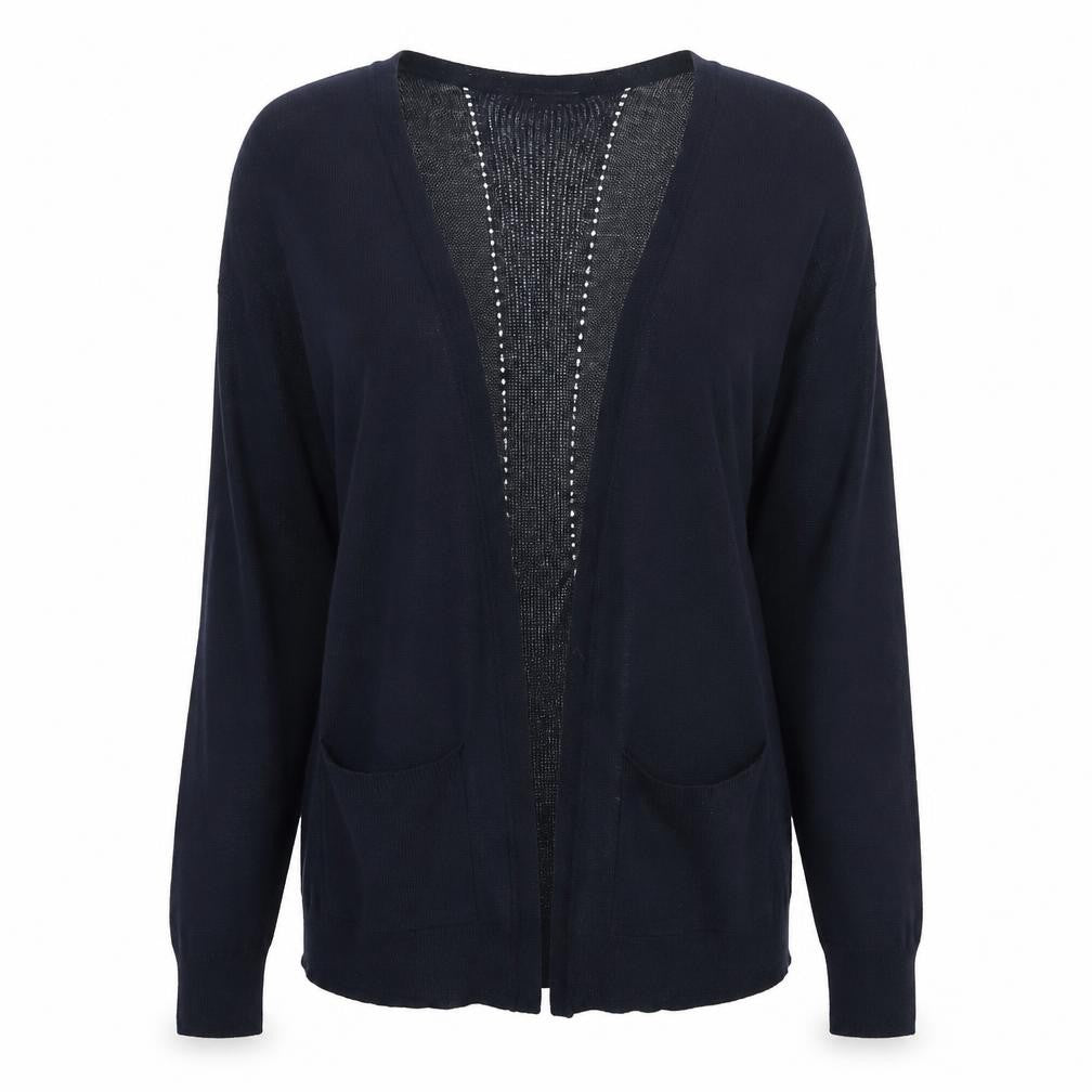 Front view of Avenue women’s blue v-neck polyester cape jumper, size UK 10