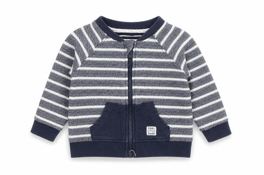 Front view of Anka boys’ blue striped jacket, size 12-18, months zip
