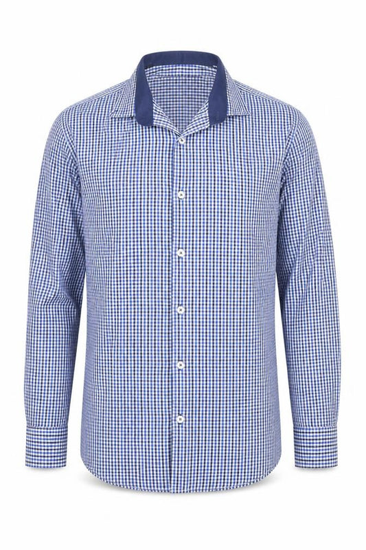 Front view of Daniel Rosso men’s blue cotton button-up, size M, collared button - gingham pattern