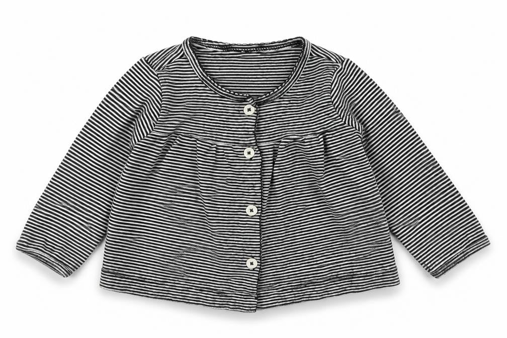 Front view of Carters girls’ black striped 100% cotton basic t-shirt, size 6-9, months round neck button
