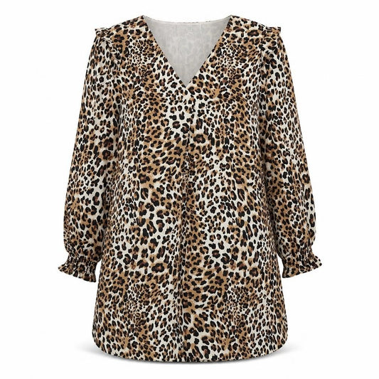Front view of L'Atelier du Vin women’s brown animal print polyester a-line, size S, v-neck pullover