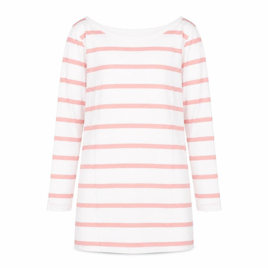 Front view of VILA women’s white striped 100% cotton basic t-shirt, size M, boat neck