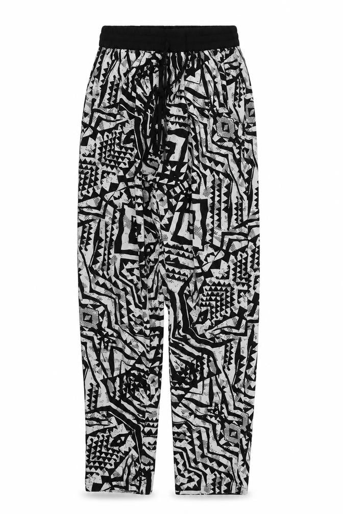 Blue Inc Womens Black Geometric Polyester Capri Trousers Size 10 L28 in Regular Drawstring - Black and White