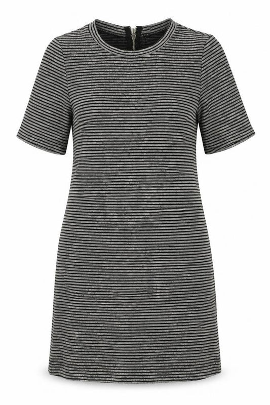 Front view of H&M women’s grey striped polyester a-line, size UK 10, crew neck zip