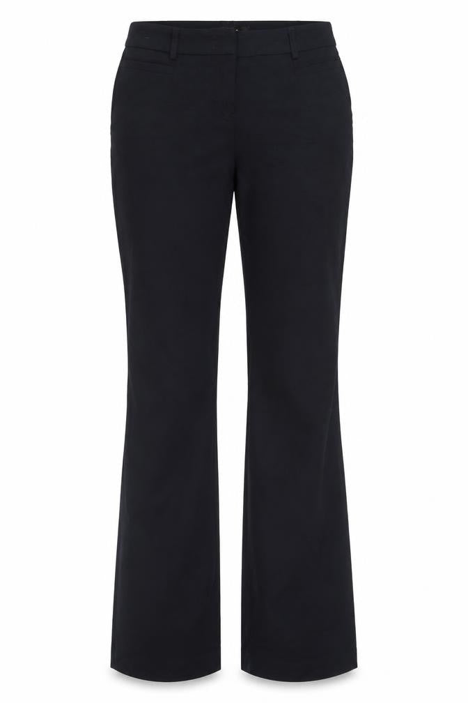 Front view of Next women’s blue polyester trousers, size UK 8, 30-inch leg regular hook & eye
