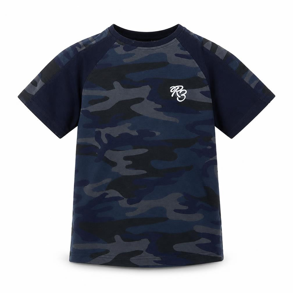 Front view of Ribstop boys’ blue camouflage cotton basic t-shirt, size S, crew neck pullover