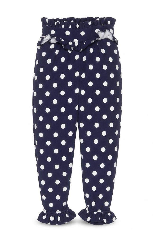 Front view of PRETTYLITTLETHING women’s blue polka dot polyester cropped trousers, size UK 6, 22-inch leg regular
