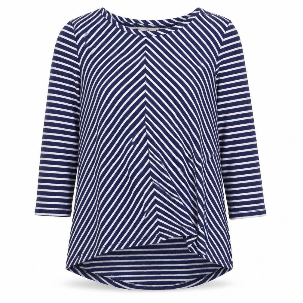 Front view of Tu women’s blue round neck striped polyester jumper, size UK 10