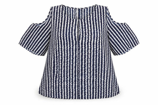 Front view of Topshop women’s blue striped polyester basic blouse, size UK 10, round neck - cold shoulder