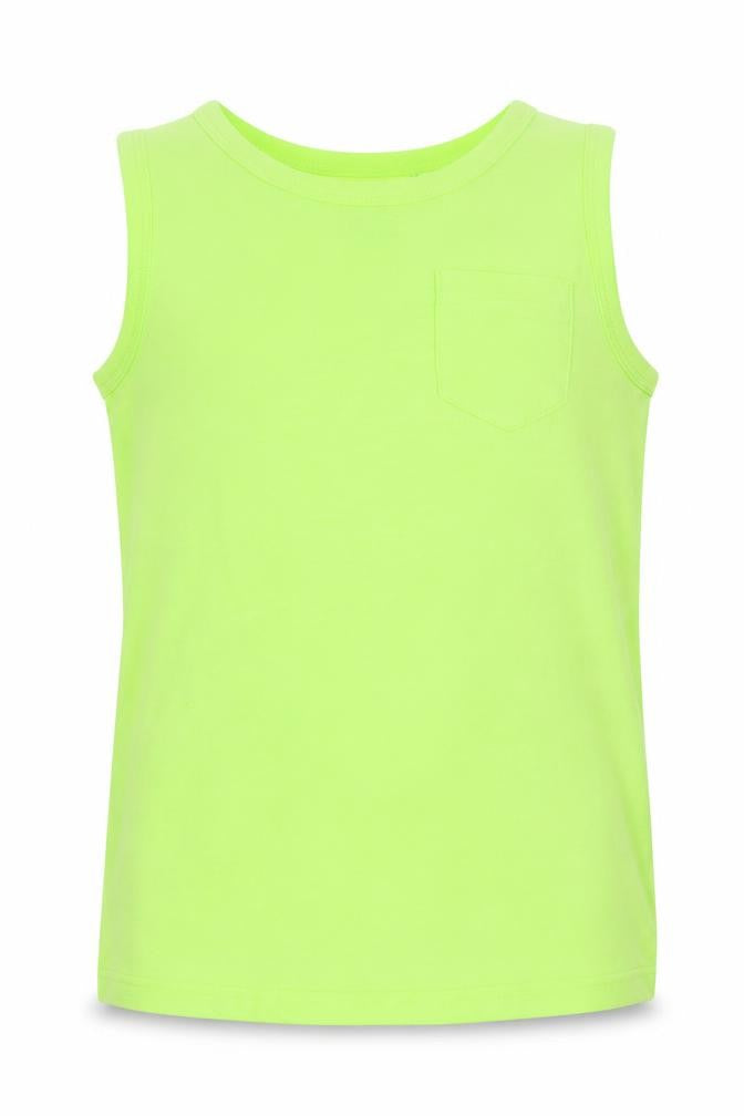 Front view of Next boys’ yellow cotton basic tank, size 6, years round neck - chest pocket, neon