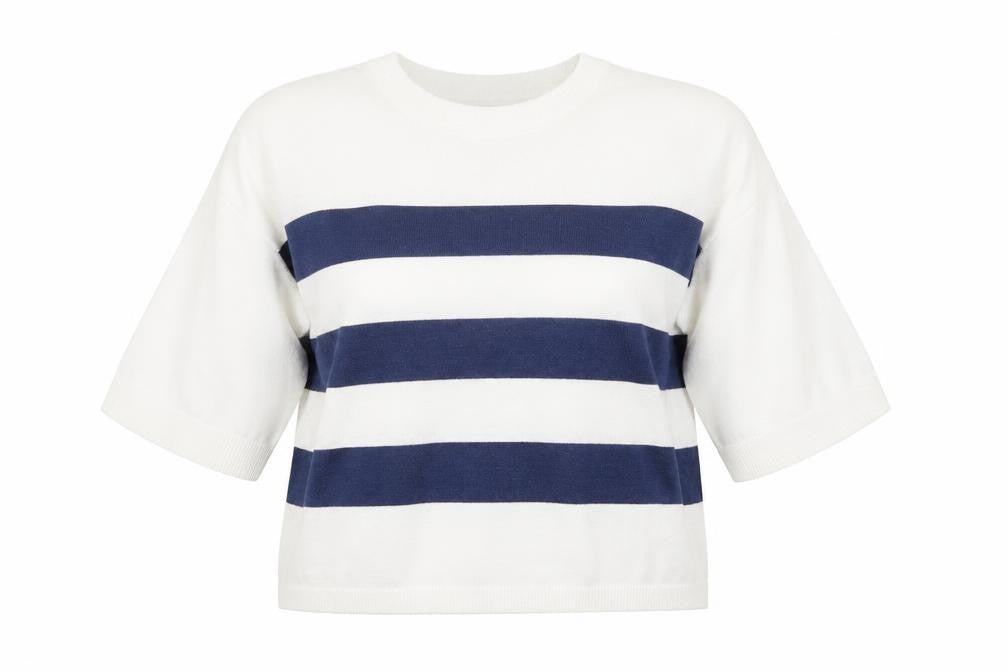 Front view of Object women’s white crew neck striped viscose jumper, size L
