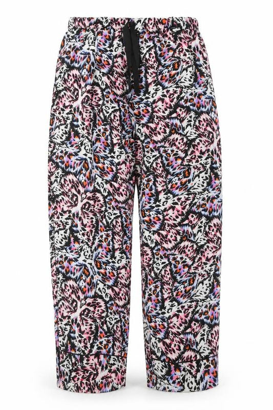 Front view of Primark women’s multicoloured animal print polyester snow pants trousers, size UK 14, 29-inch leg regular tie