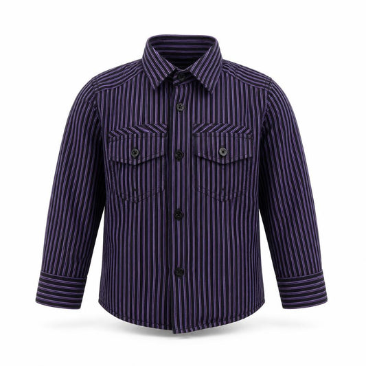 Front view of DUCK&DODGE boys’ black striped polyester basic button-up, size 2, years collared button