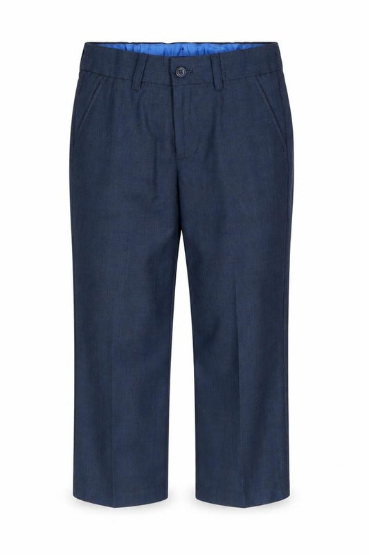 Front view of Next boys’ blue polyester capri trousers, size 8, years regular button