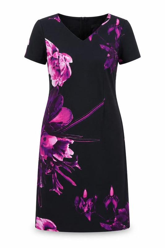 Front view of Gerard women’s black floral polyester a-line, size UK 12, v-neck zip