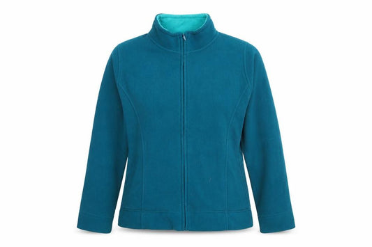 Front view of Isle Essentials women’s blue jacket, size M, zip