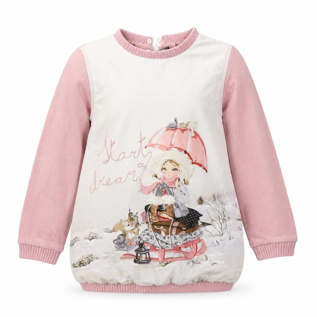 Front view of Mayoral girls’ pink round neck polyester jumper, size 5, years hook & eye