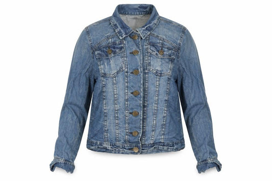 Front view of Dorothy Perkins women’s blue jacket, size UK 12, button