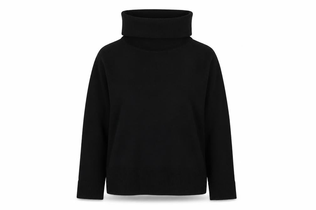 Front view of Donna Lewis women’s black roll neck acrylic jumper, size M