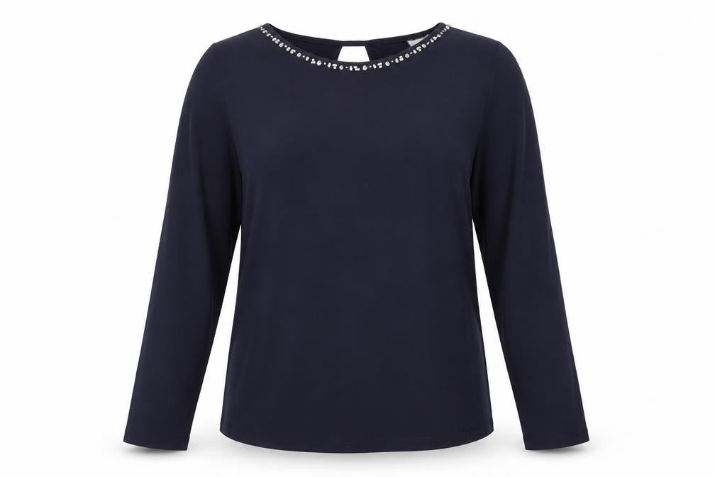 Front view of Next women’s blue polyester basic blouse, size UK 14, boat neck - embellished neckline