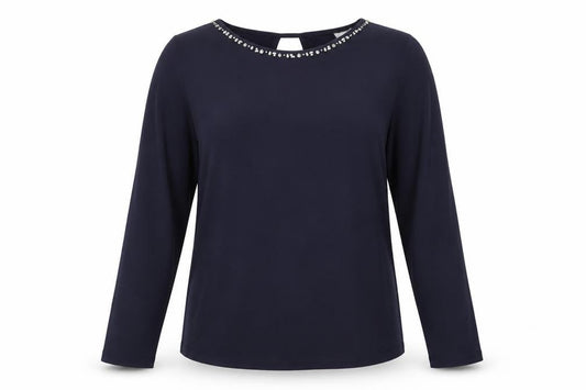 Front view of Next women’s blue polyester basic blouse, size UK 14, boat neck - embellished neckline
