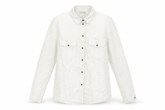 Front view of Noisy May women’s ivory cotton basic button-up, size M, collared