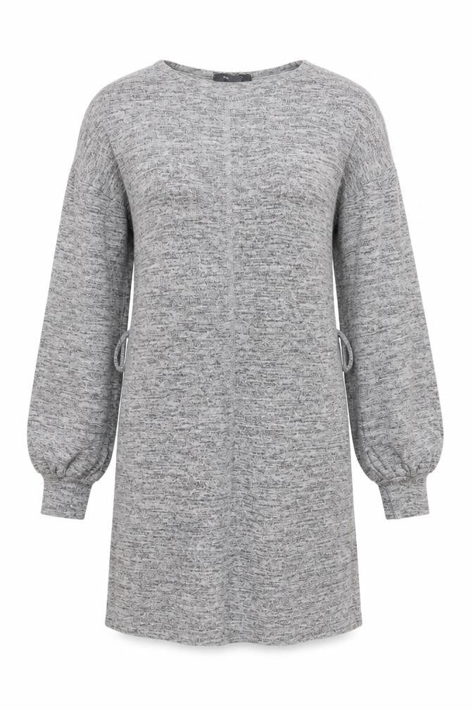 Front view of Primark women’s grey crew neck polyester tunic jumper, size UK 10